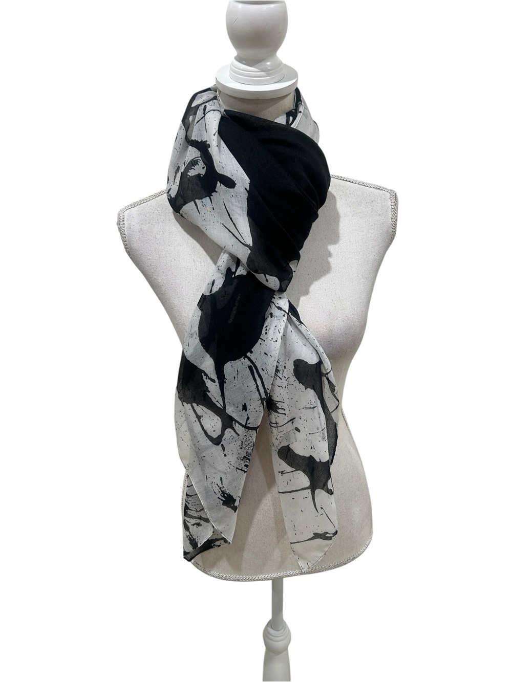 Sprzny black & White Abstract ink Print square Scarf 51 x 51 inches